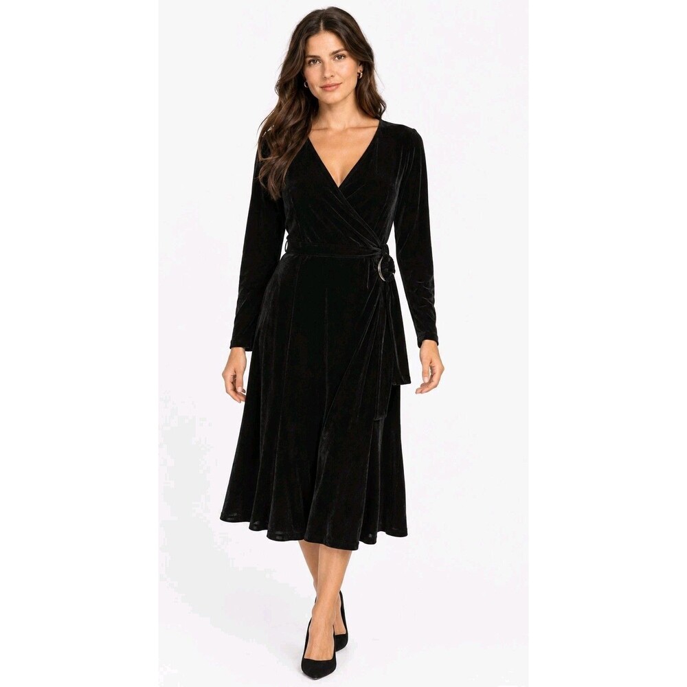 Talbots Petite Black Velvet Wrap Dress Long Sleeve VNeck 12P Holiday Vintage EUC